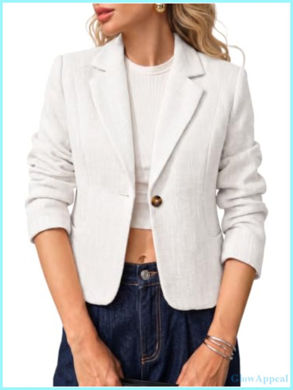 Cropped Tweed Blazer Long Sleeve Notch Lapel Business Casual
